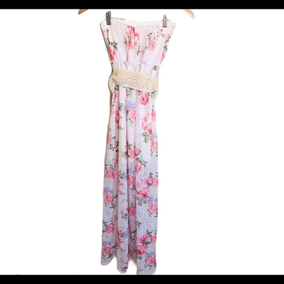 ARDENE Strapless Bandeau Fit Floral Maxi Dress With Belt Ivory/Pink Size Small - Picture 6 of 13